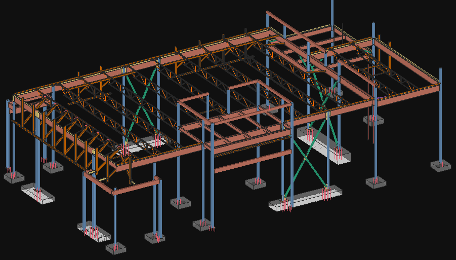 Chase Bank Hutto — Tekla Structures 3D steel frame model with bar joist, wind bracing, and parapet supports