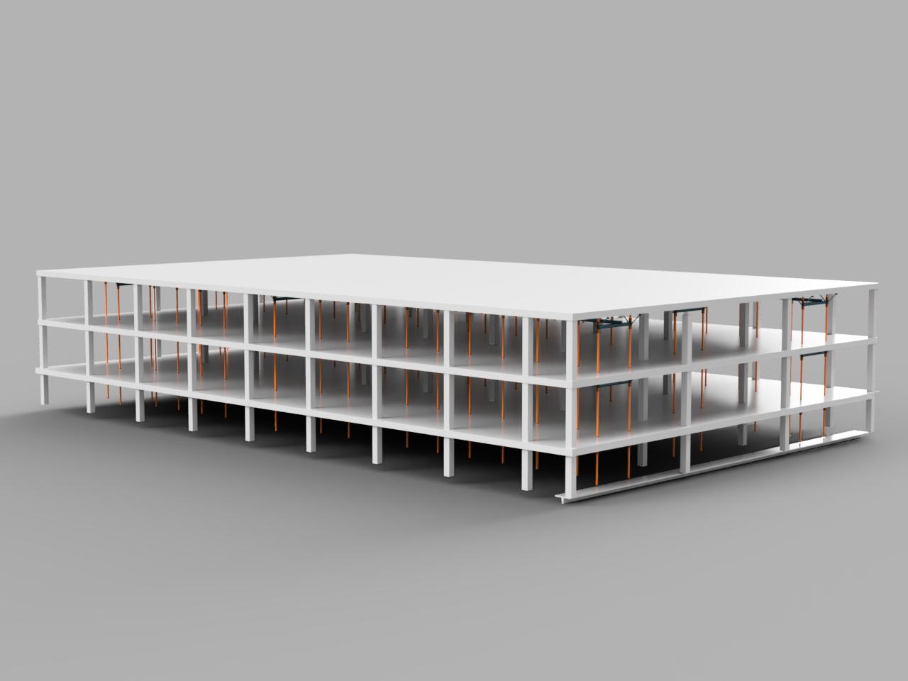 LBJ Warehouse — Fusion 360 aerial rendering showing full 3-story structural steel frame with orange support columns