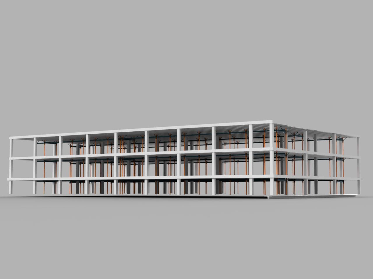 LBJ Warehouse — Fusion 360 rendering showing front elevation of multi-story steel frame with orange columns