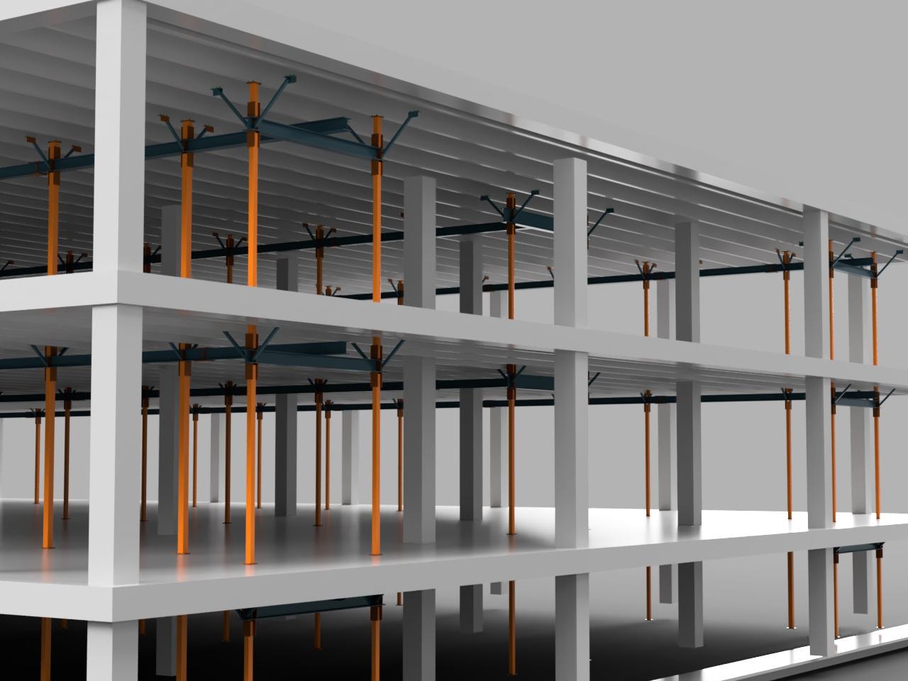 LBJ Warehouse — Fusion 360 close-up rendering showing steel column connections and teal beam framing detail