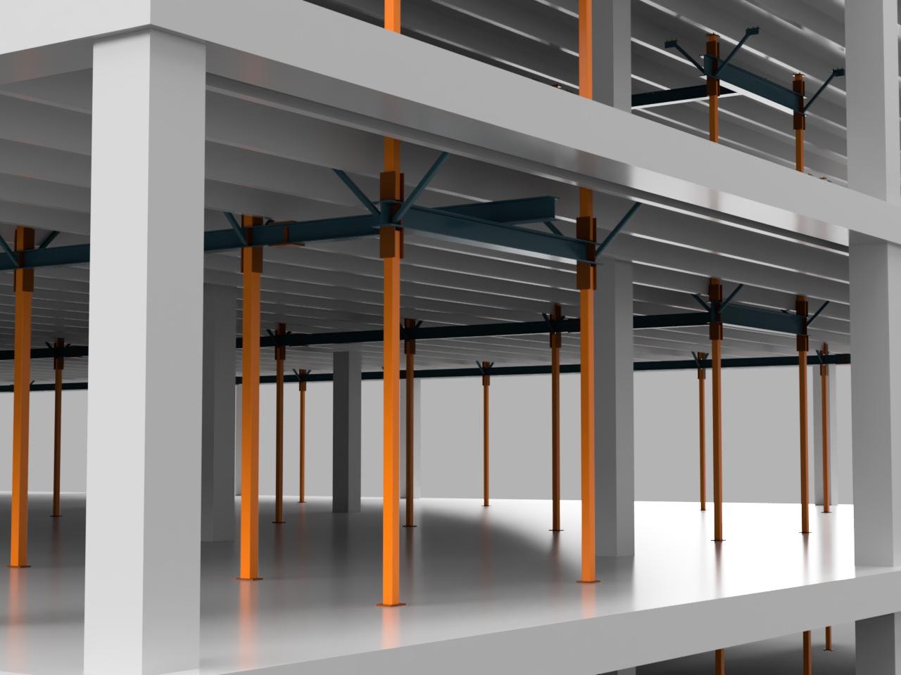 LBJ Warehouse — Fusion 360 interior rendering showing multi-level steel column grid and teal beam structure