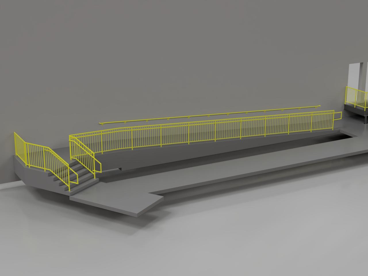 Marble Warehouse Dock — steel landing and stairs with yellow pipe rails at access door