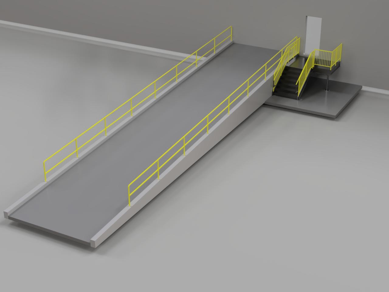 Marble Warehouse Dock — loading dock ramp run with yellow pipe rails and stair landing