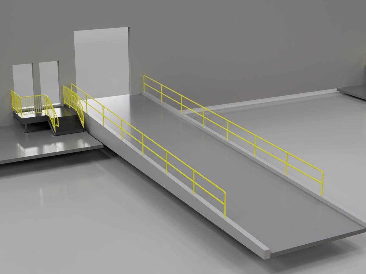 Marble Warehouse Dock — dock ramp with yellow pipe rails and access stair