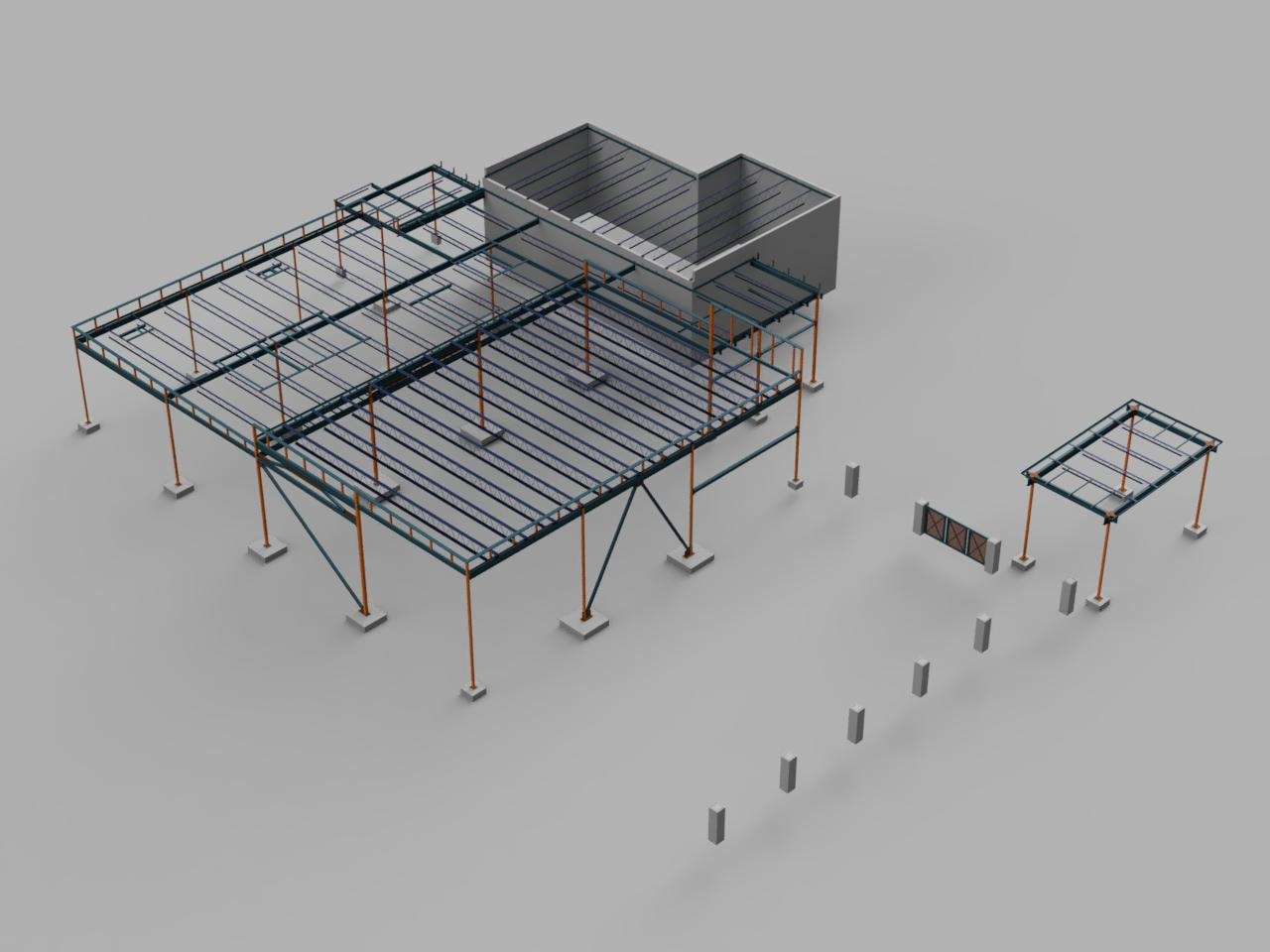 Norris Church Addition — full steel frame isometric rendering with ornamental fence and canopy