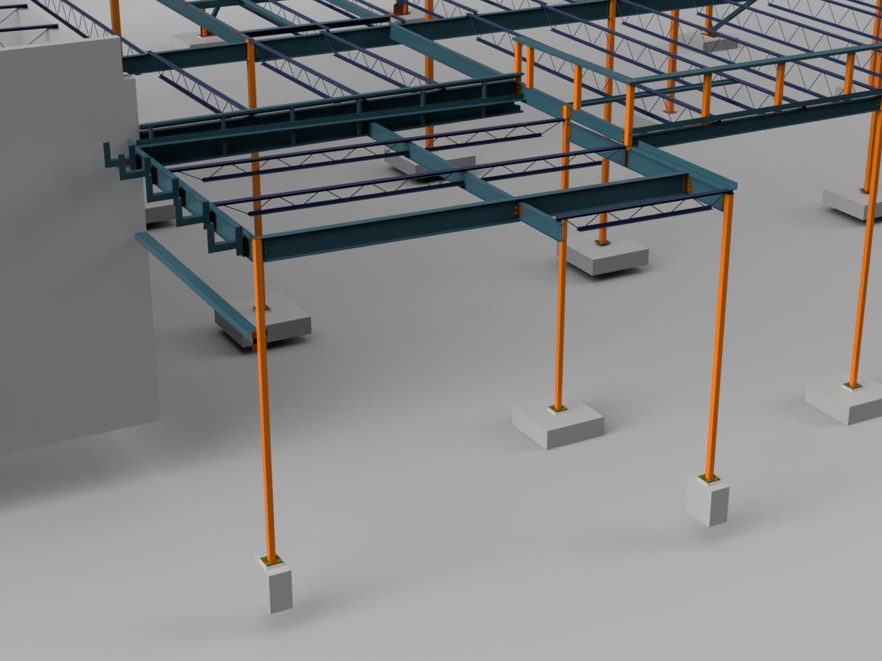 Norris Church Addition — detail of canopy framing with orange columns and teal beams