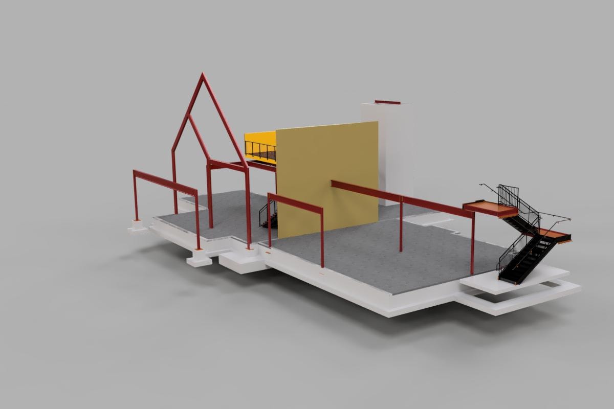Fusion 360 rendering of The Clubhouse structural steel model showing second floor framing and rear exit stairwell