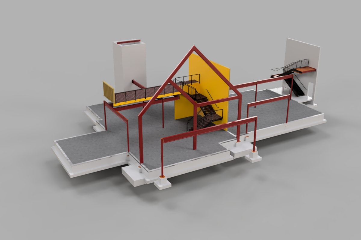 Fusion 360 rendering of The Clubhouse full structural steel model with entry stair and rear stairwell
