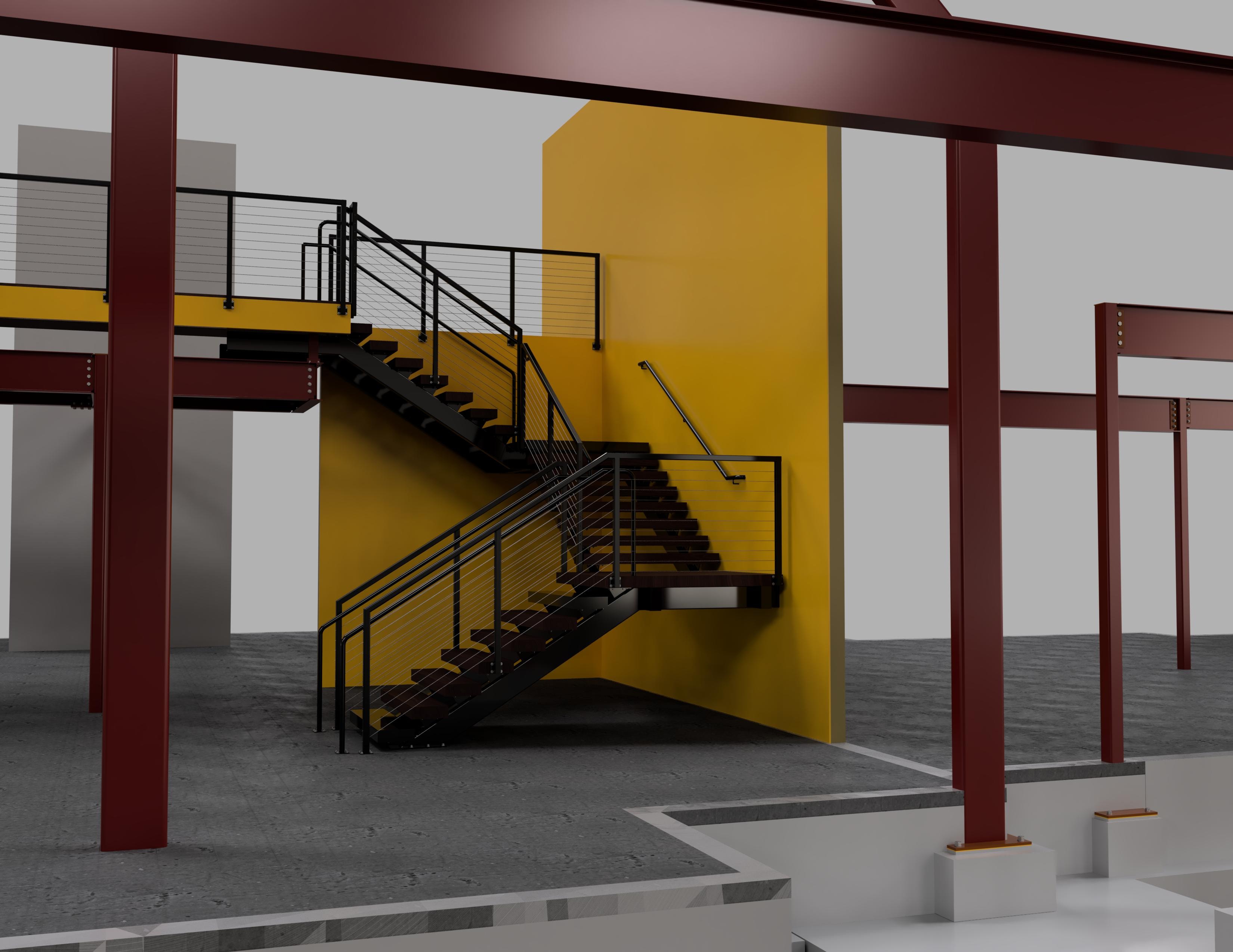 Fusion 360 rendering of The Clubhouse entry staircase with cable railings and second floor framing detail