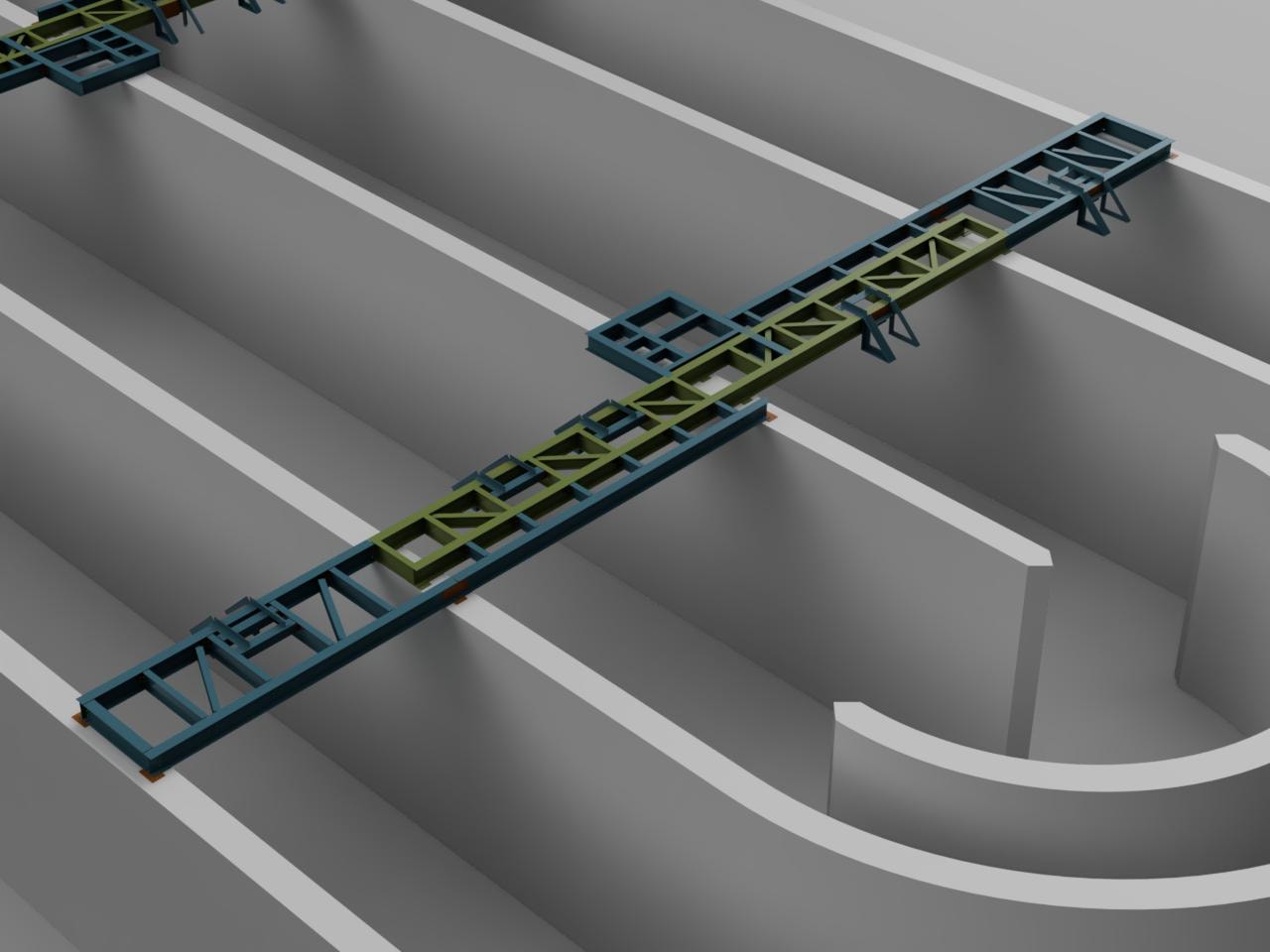 Westville Oxidation Ditch — Fusion 360 rendering showing longitudinal equipment support steel spanning ditch channels