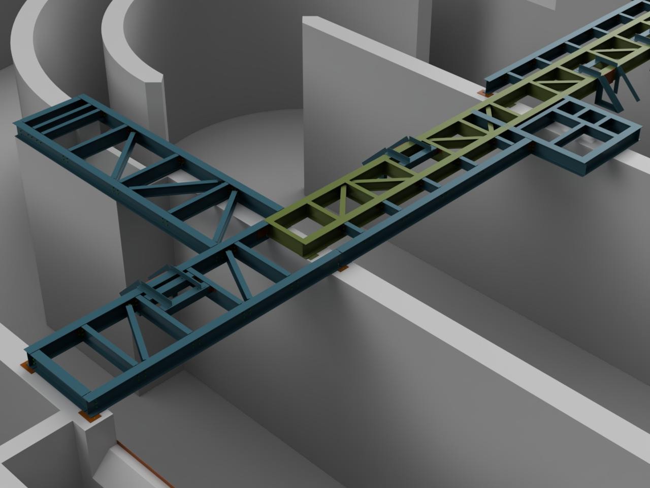 Westville Oxidation Ditch — Fusion 360 rendering showing cross-channel steel framing and equipment support structure