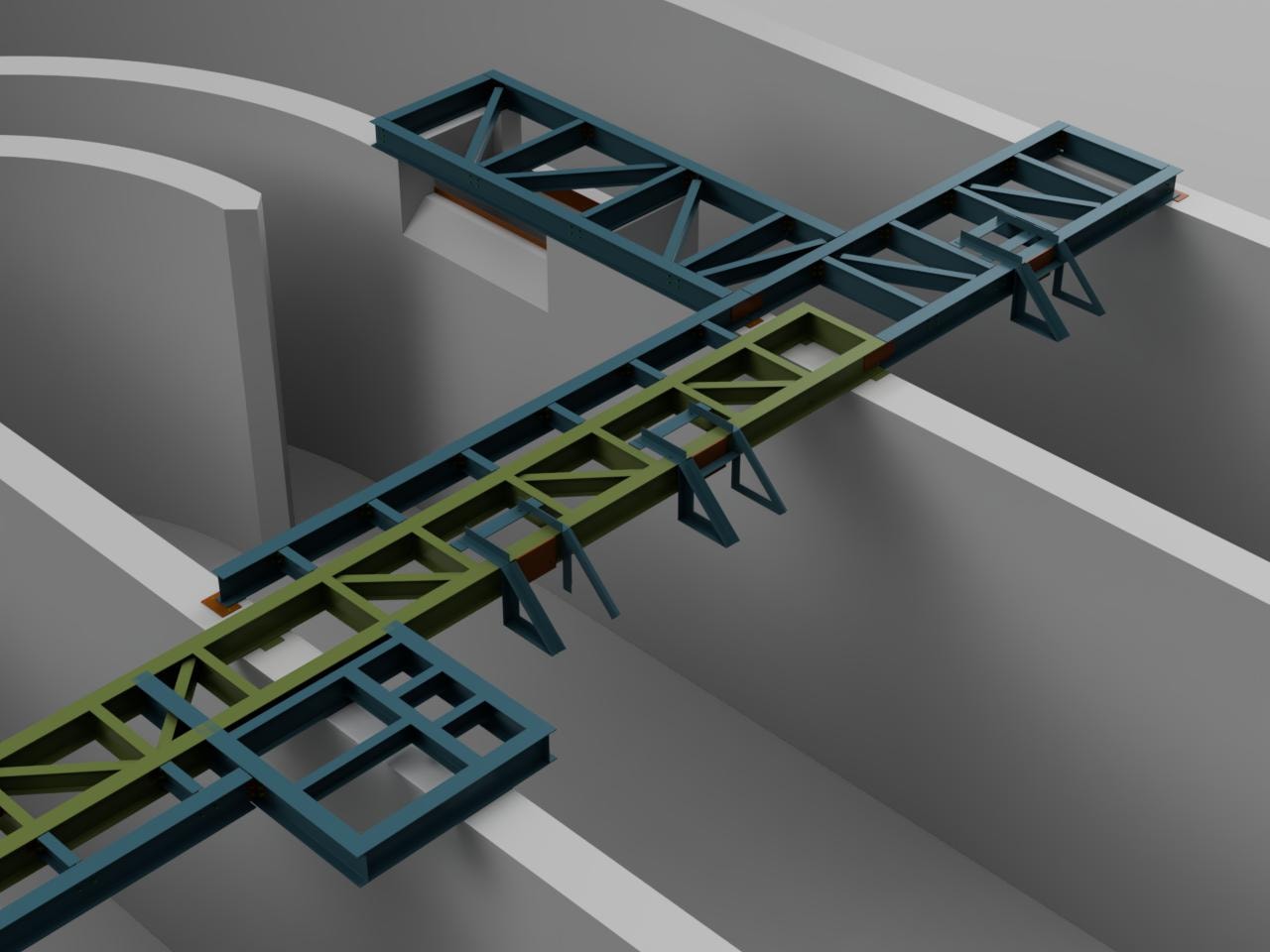 Westville Oxidation Ditch — Fusion 360 rendering showing detailed steel framing connections and equipment support brackets