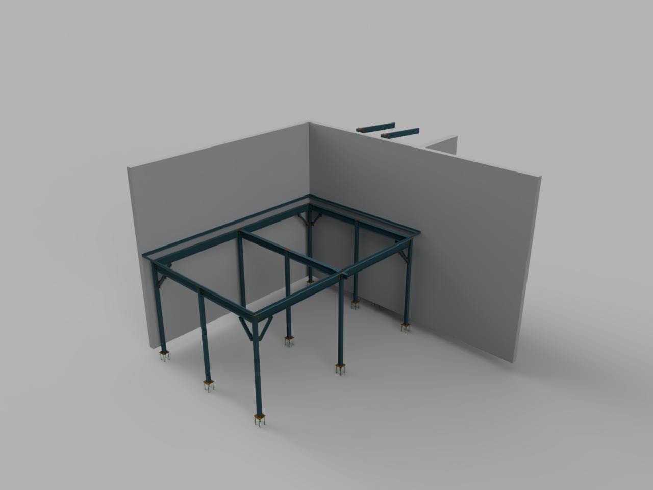 Westville Phase 1 — Fusion 360 rendering showing steel column and beam framing from alternate angle